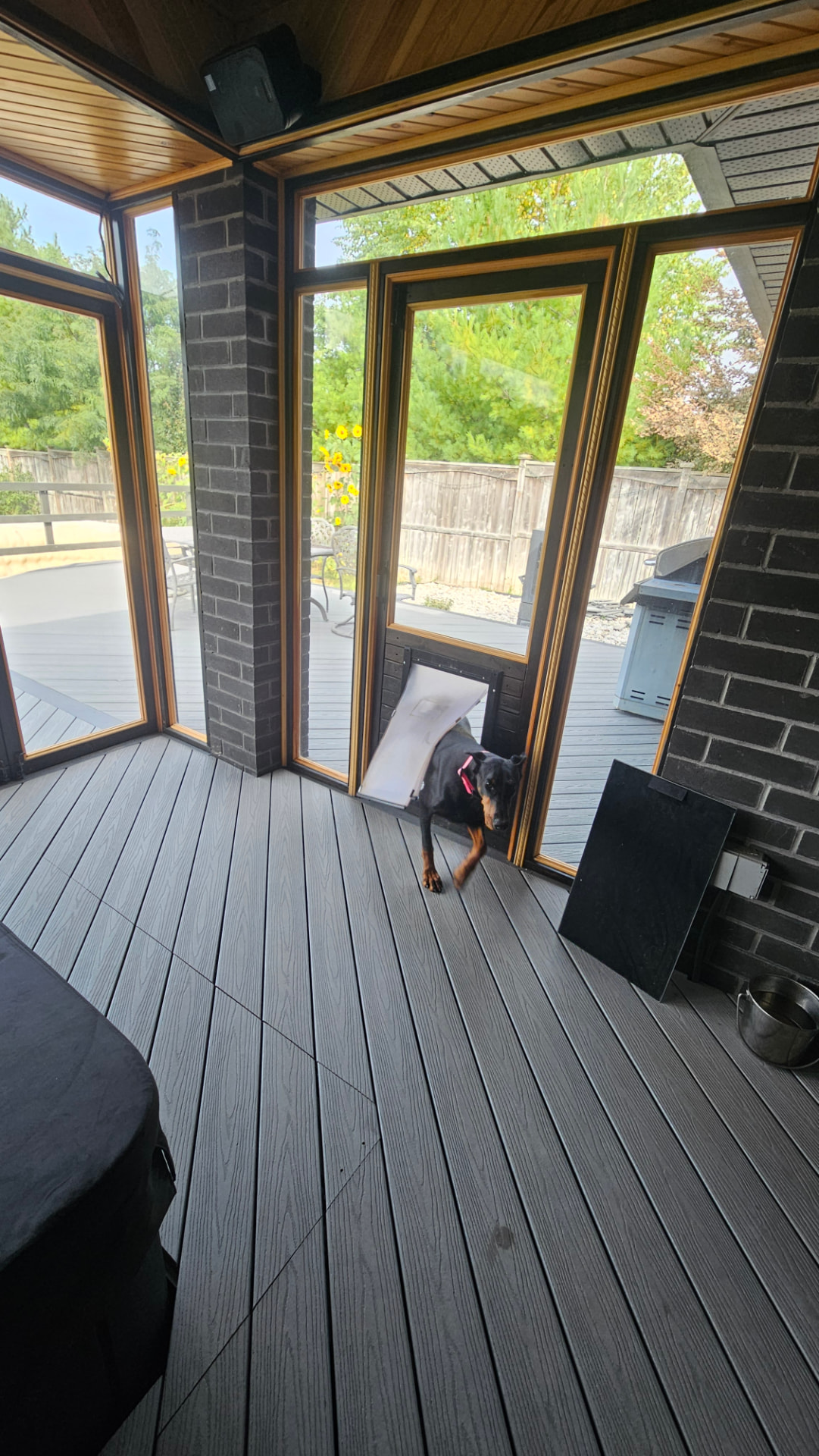View from inside a covered porch addition through folding glass doors to the backyard